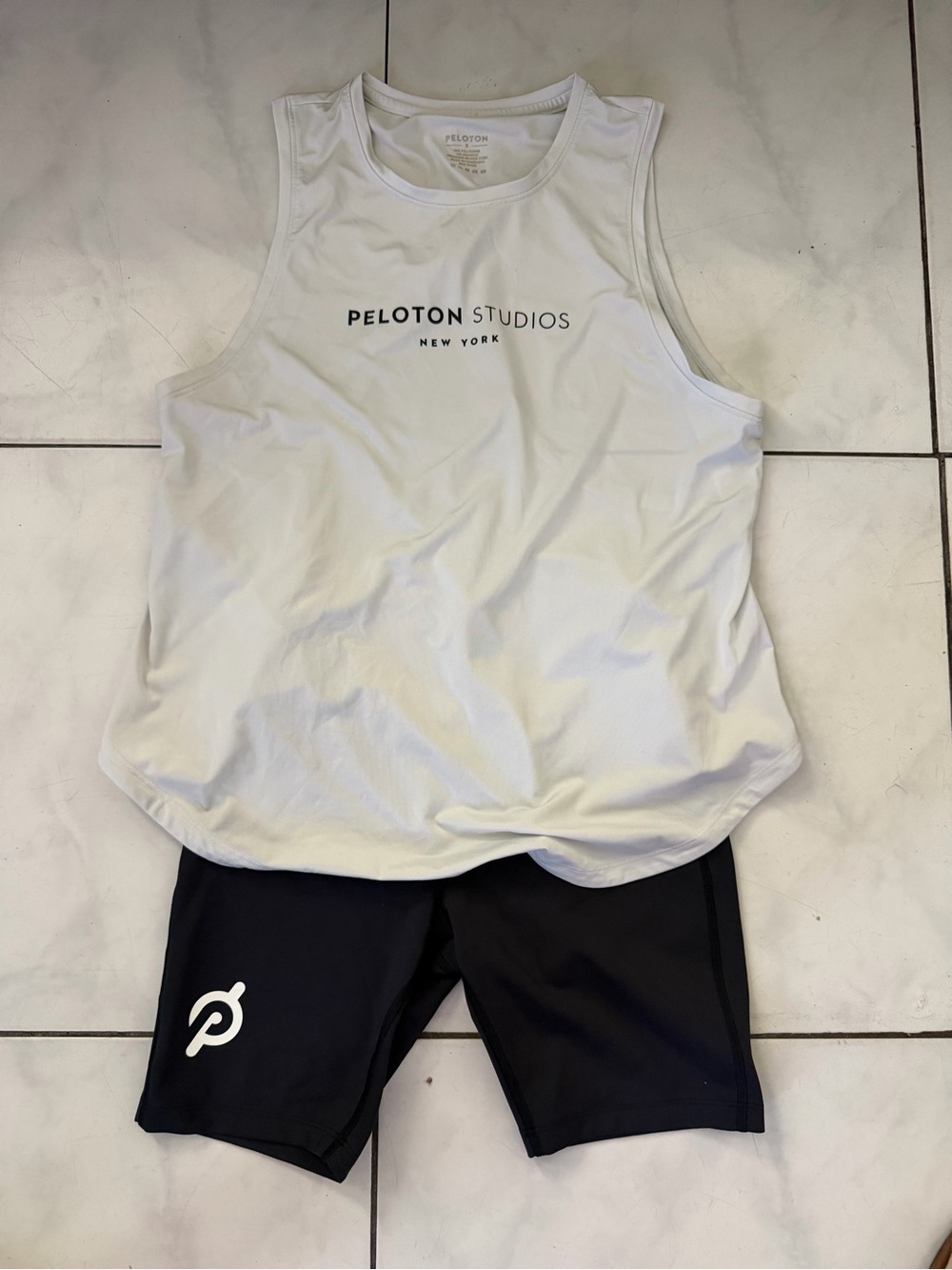Peloton White Tank & Black Training Shorts